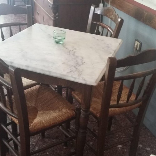 Wooden tables with marble tops, set of 4, walnut wood