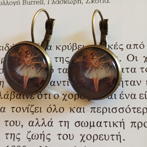 Handmade bronze earrings with Edgar Degas' "The Rehearsal", new, multicolor