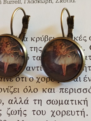 Handmade bronze earrings with Edgar Degas' "The Rehearsal", new, multicolor