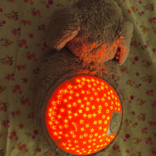 Children's Night Projector used with plush bunny and musical teddy bear gift