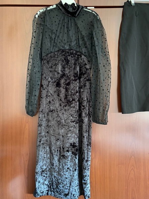 Black elastic velour dress Large with transparent polka dot sleeves worn once