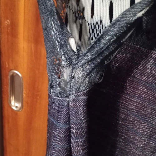 Be You sleeveless top with V-neck lace, like new, blue and gray, M-L