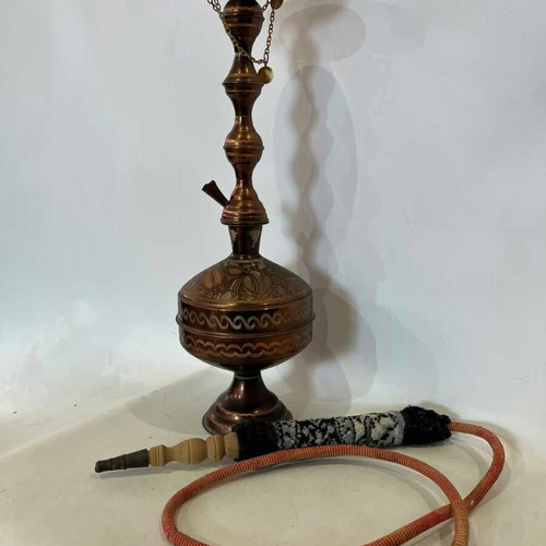 Vintage traditional brass hookah with embossed oriental motifs 51x16