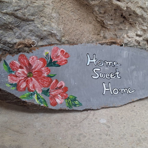Wooden door sign hand-painted with red flowers, made to order