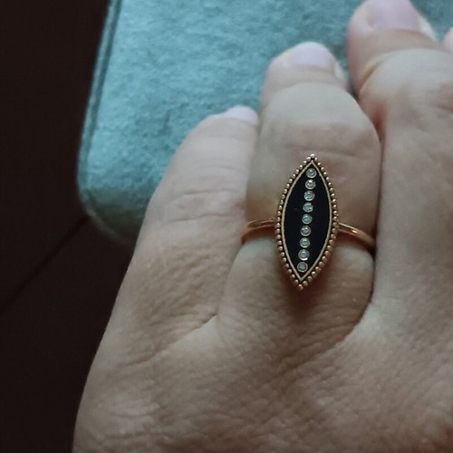18K rose gold ring with diamonds and black enamel, size 54