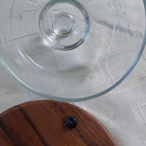 Cheese dish like new with wooden base and glass lid