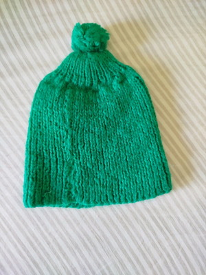 Knitted handmade kids hat used, green, size XS