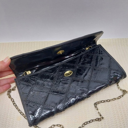 Vintage small leather evening bag, patchwork design, black