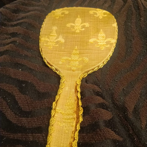 Vintage hand mirror 1960s with fleur-de-lis fabric trim, 29 cm