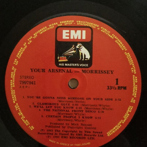 Morrissey Your Arsenal vinyl used, rare Greek first press 1992