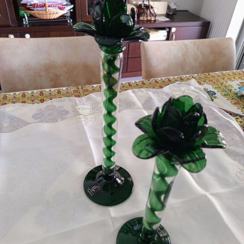 Pair of vintage Italian Capolavoro candlesticks used, handmade green glass