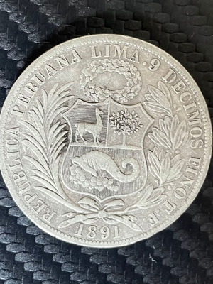 Silver coin Peru 1 Sol 1891 used, 90% silver