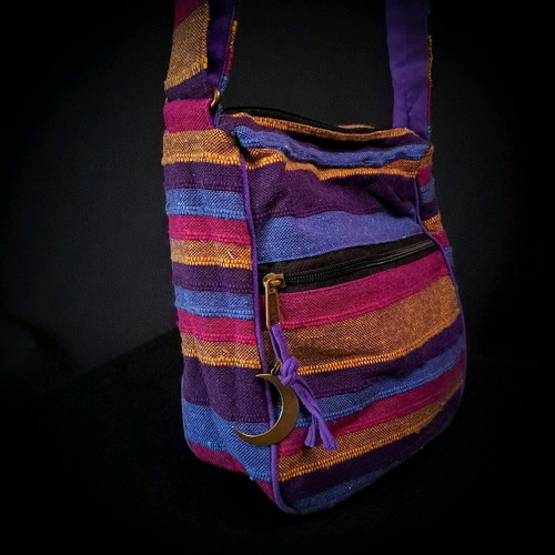 Cotton Sling Bag new, pink and multicolored with copper moon charm