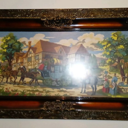 Embroidered painting used, very large with carved frame