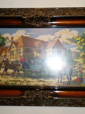 Embroidered painting used, very large with carved frame