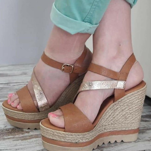 Harris leather platform sandals tan with rose gold, lightly used