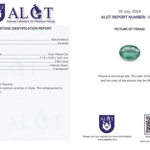 Zambian Emerald 0.80ct Oval Certified ALGT 82205283
