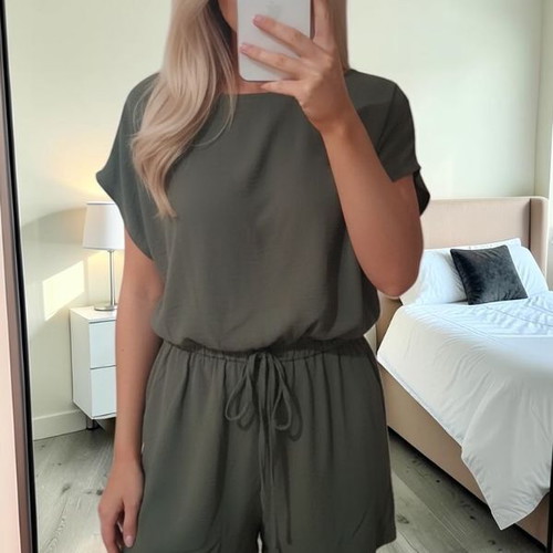 Playsuit one size, like new, army green with elastic waist