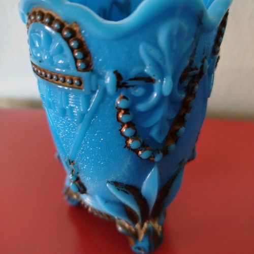 Blue opaline like new with embossed decoration and bronze paint