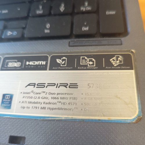 Acer Aspire 5738c Laptop for parts, refurbished, missing hard drive