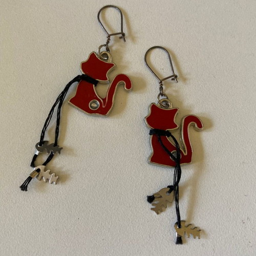 Handmade cat earrings new, long with metal elements