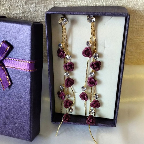 Fashion earrings with rose petals and rhinestones new, purple and gold