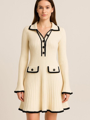 Knit dress one size elastic, flattering, like new, ecru with black details