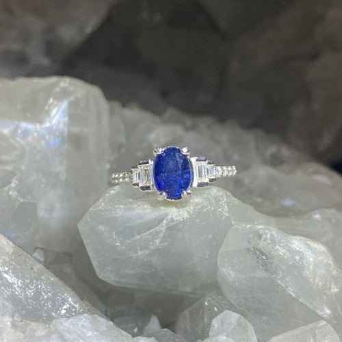 Handmade silver ring with natural blue sapphire and moissanites, size 17mm