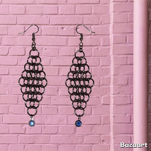 Boho Gothic Fairy Punk Chainmail Earrings new, blue silver