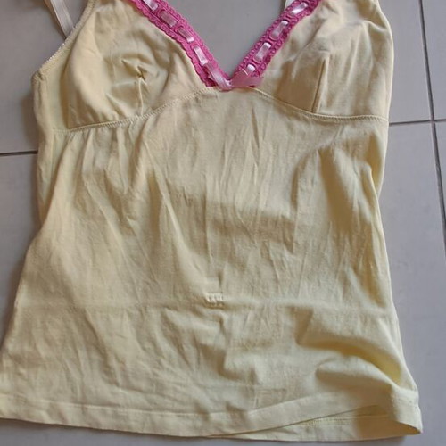 Women's Sleepwear Top like new, yellow with pink lace and satin ribbons