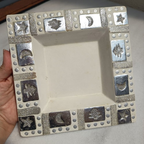 Christmas decorative small square platter white with silver designs