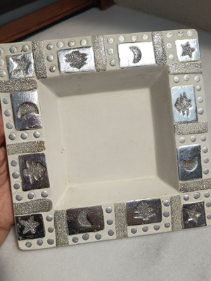 Christmas decorative small square platter white with silver designs