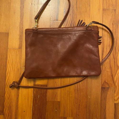 Leather crossbody bag camel brown used with envelope style