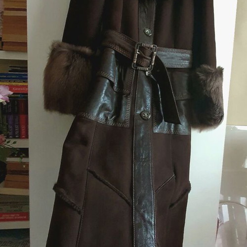 Long mouton coat made of genuine leather and natural fur new, brown, size S