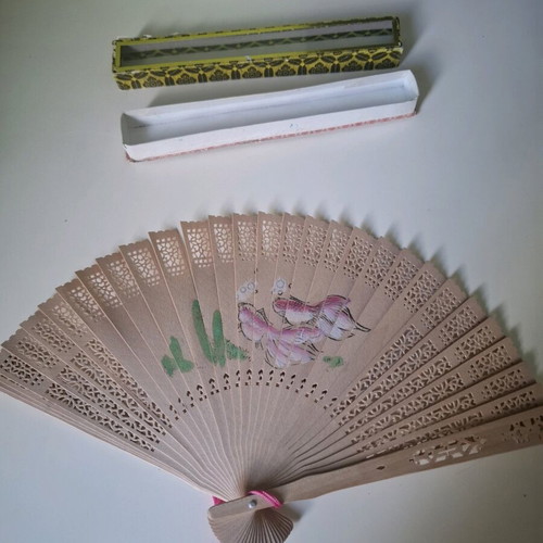 Wooden folding fan like new with panda decoration and box