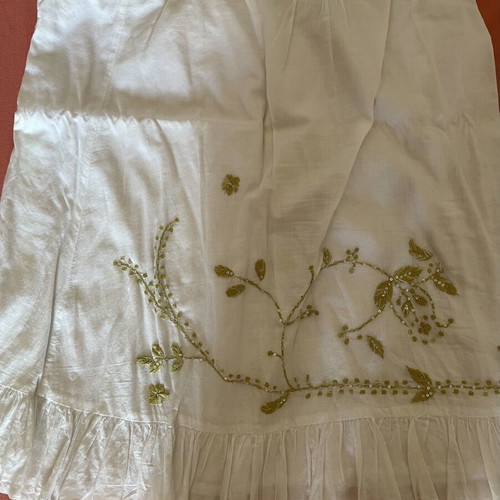 Boho skirt white with olive and gold embroidery and pom poms used, size M