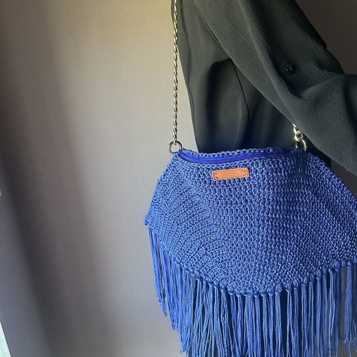 Handmade royal blue knitted shoulder bag with fringes