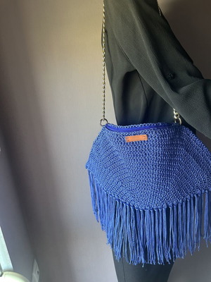 Handmade royal blue knitted shoulder bag with fringes
