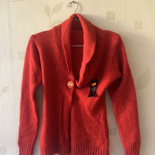 A-Style red women's cardigan with large front button, new