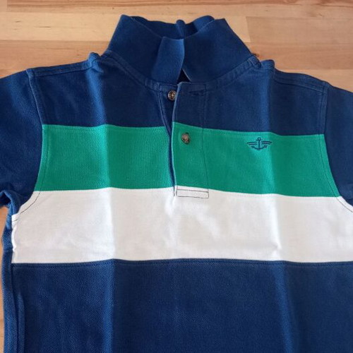 Dockers Polo Shirt size 8 used, dark blue with green and white stripes, 100% cotton