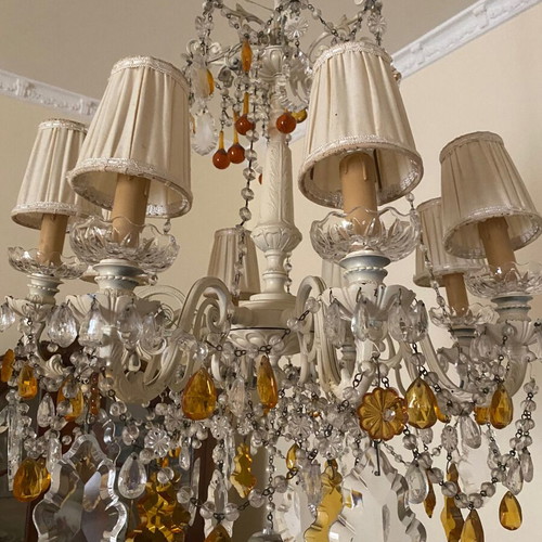 Chandelier like new with crystals and lampshades
