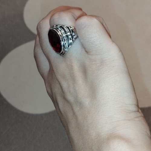 Statement cocktail ring with large red stone and rhinestones