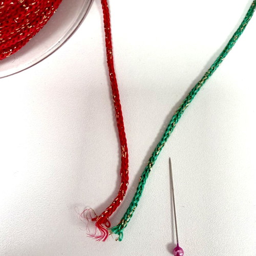 Cord for handmade crafts, 2 spools red and green with gold thread