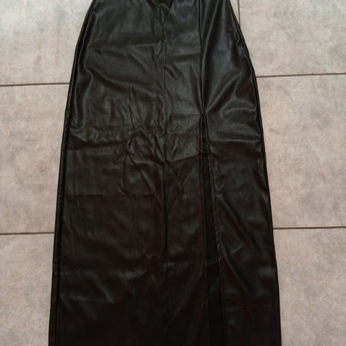 Long black faux leather skirt size S with slit