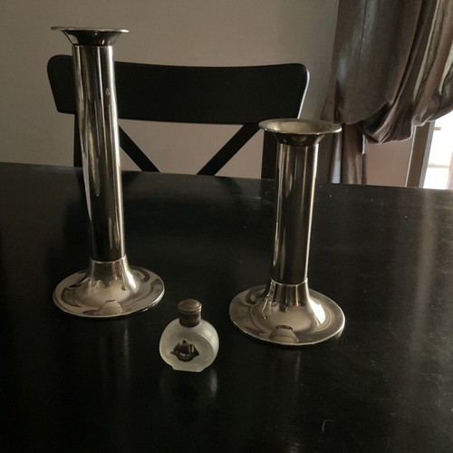Candlesticks used, set of two with mini silver ship bottle