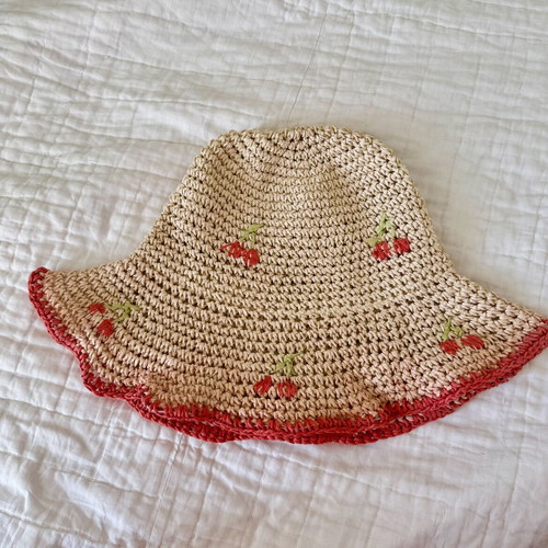 Zara Straw Bucket Hat with Embroidered Cherries used, boho style