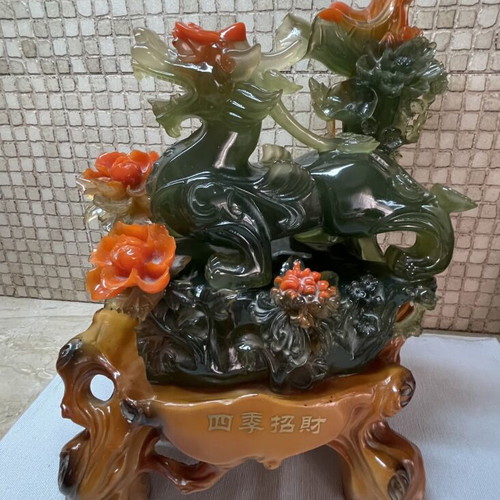 Feng Shui Pixiu Sculpture like new with Peony Flowers and Happiness Inscription