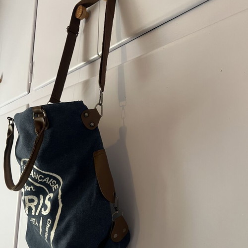 Vintage-style canvas tote bag shoulder, new, white and blue