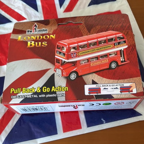 Plastic bag with English flag and small empty London bus box like new