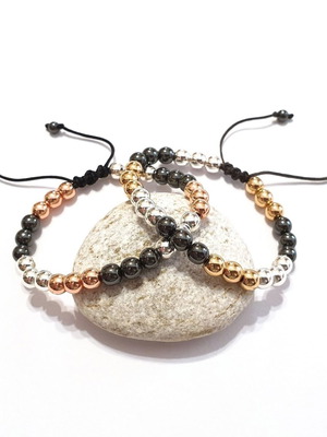 Handmade tricolor hematite bracelet with macrame adjustable clasp new